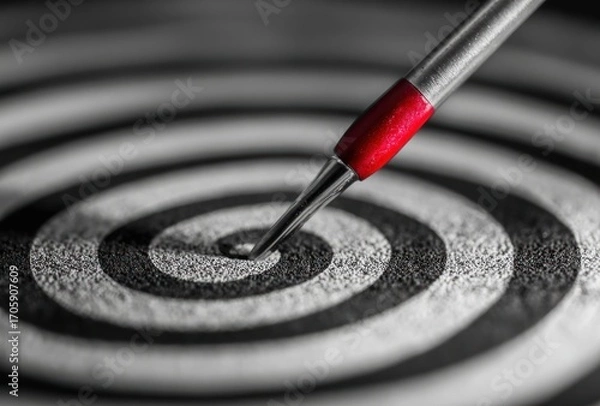 Fototapeta Sharp, red-tipped dart pierces a grayscale target's center. Concentric rings guide focus. Aim, precision and accuracy prevail in this striking image