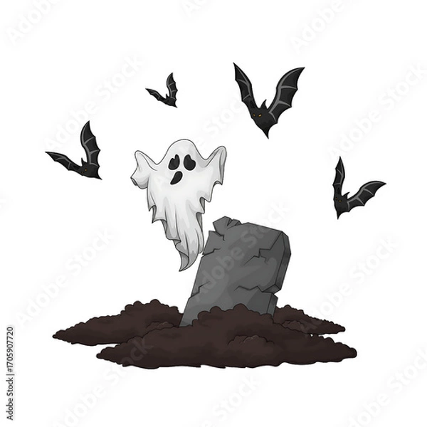 Fototapeta Cartoon ghost emerging from a grave with bats flying in the night sky, Halloween theme