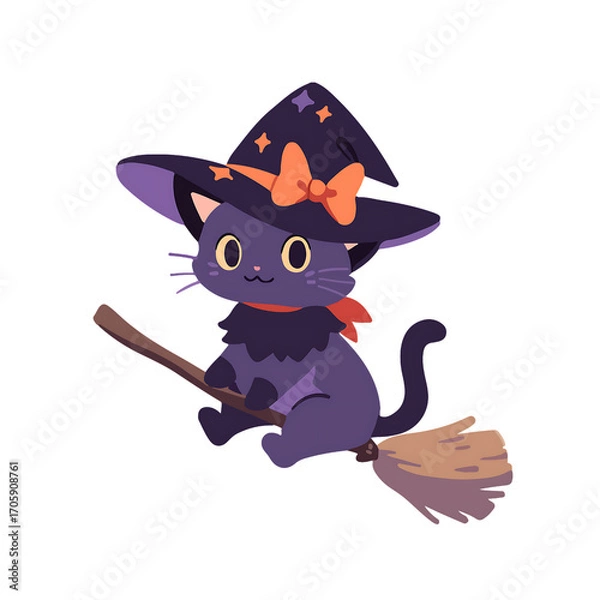 Fototapeta A playful black cat wearing a witch's hat and bow, flying on a broomstick during Halloween