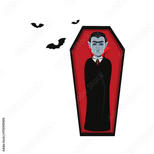 Fototapeta Cartoon vampire character resting in a coffin with bats flying in the background at night
