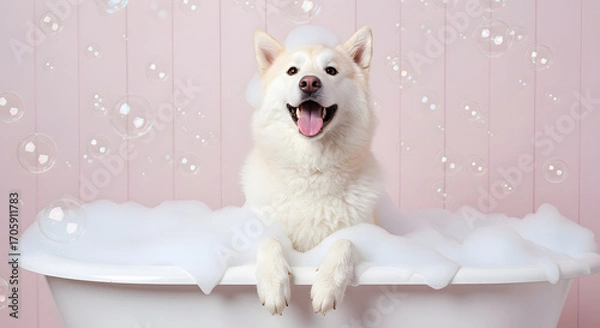 Fototapeta “Pink Panels & Sudsy Glow: Samoyed in White Tub – Whimsical Grooming Scene with Floating Bubbles