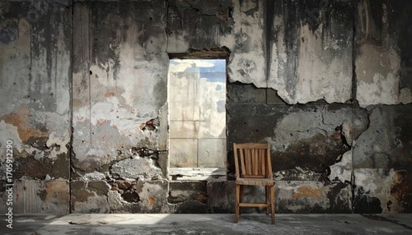 Obraz Dilapidated Wall with Rectangular Opening and Rustic Wooden Chair Against Warm Gradient Orange Background. Gray Concrete Texture with Peeling Paint and Cracks