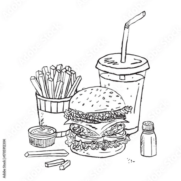 Fototapeta Hand drawn fast food meal design with french fries, cheeseburger, soda and sauce. Vector sketch illustration in vintage crayon style. Fast food menu design.
