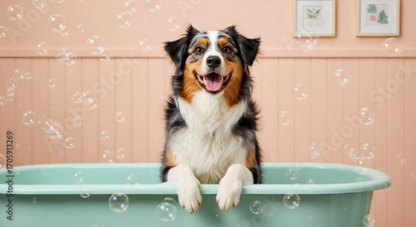 Fototapeta border collie puppy,Australian Shepherd Bath – Whimsical Scene with Pink Panel Backdrop