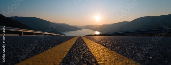 Fototapeta Low-angle view of a road with yellow lines leading to a lake surrounded by hills under a bright sunset. The road surface is visible in detail
