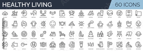 Fototapeta Set of 60 outline icons related to healthy living, well-being. Linear icon collection. Editable stroke. Vector illustration
