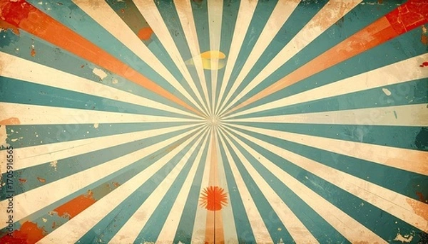 Obraz Distressed Retro Burst Pattern with Blue White and Orange Rays on a Grunge Beige Background for Vintage or Abstract Design and Textures