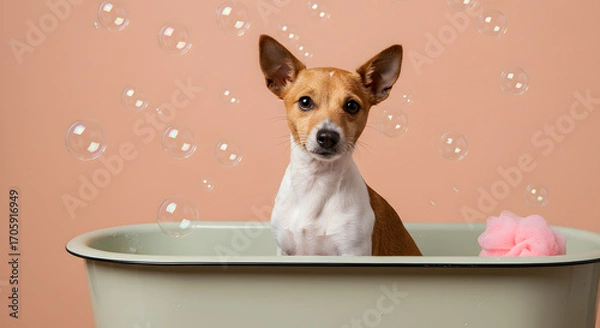 Fototapeta Small Dog Bath – Whimsical Grooming Scene with Floating Bubbles