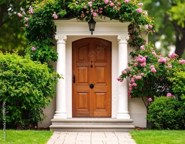 Fototapeta Elegant front door with lush roses