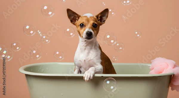 Fototapeta Basset Hound in Pink Tub – Whimsical Bath Scene with Floating Bubbles