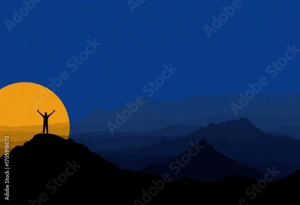 Obraz Silhouette of a person triumphantly reaching up on a hilltop against a sunrise behind misty rolling mountains against a deep blue sky
