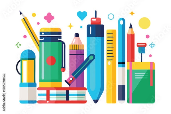 Obraz Colorful arrangement featuring pencils, pens, ruler, and other school stationery items over a white background
