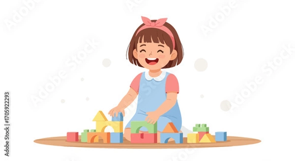 Fototapeta Happy Child Plays With Colorful Wooden Blocks And Expresses Delightful Moments Of Joy