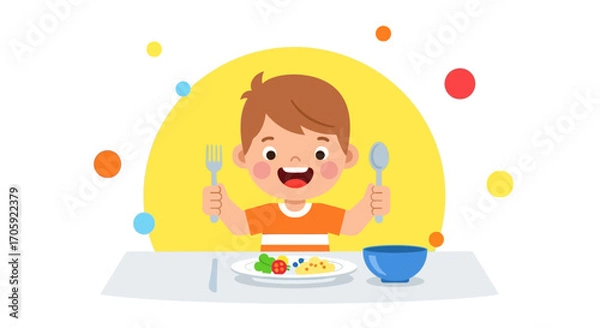 Fototapeta Happy Child With Fork And Spoon Ready To Eat Healthy Food At The Table
