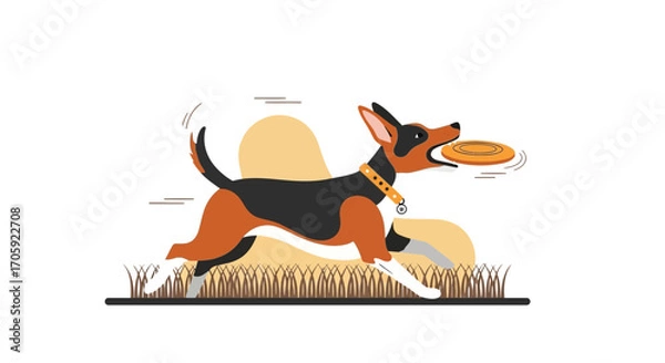 Fototapeta Happy Dog Playing Fetch, Catching Frisbee, In Mid-Air, Having Fun, Conceptual Illustration