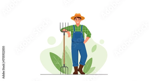 Fototapeta Happy Farmer Holding A Pitchfork And Smiling Amidst A Greenish Backdrop