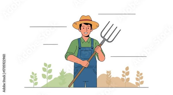 Fototapeta Happy Farmer Holding Pitchfork In The Field And Wearing Overalls with a Bright Smile