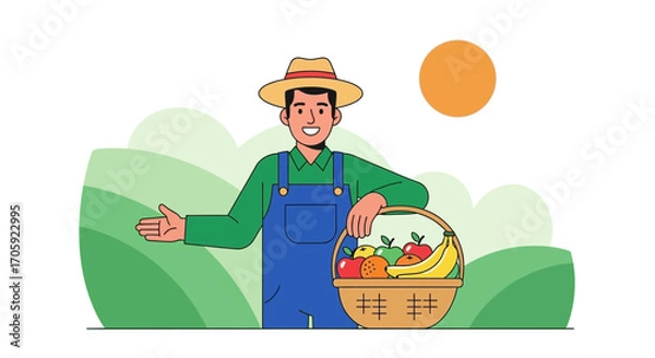 Fototapeta Happy Farmer Presenting a Basket of Freshly Harvested Fruits with Smiling Face