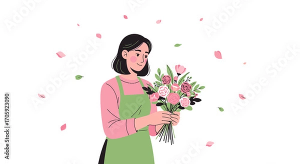 Fototapeta Happy Florist Holding a Beautiful Floral Bouquet with Floating Petals in a White Background
