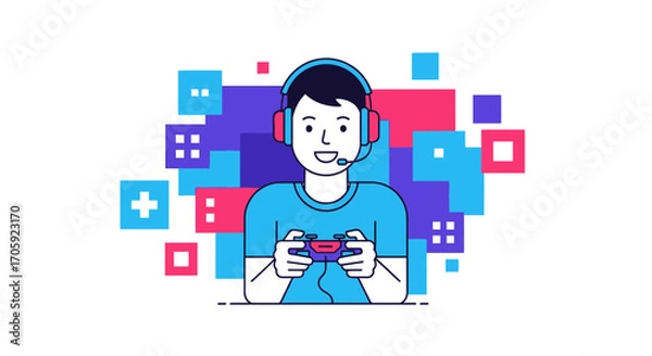 Fototapeta Happy Gamer With Headphones and Controller, Vector Illustration of Modern Game Enthusiast