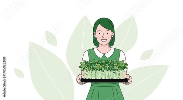 Fototapeta Happy Gardener Smiling Gently Holding Fresh Microgreen Seedlings in a Tray