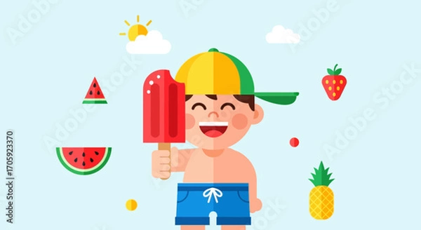 Fototapeta Happy Little Boy Eating a Popsicle on a Sunny Summer Day With Fruits All Around