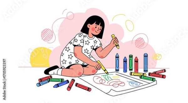 Fototapeta Happy Little Girl Creating Colorful Illustrations with Crayons and Imaginations