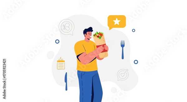 Fototapeta Happy Man Holding a Delicious Wrap Enjoying a Meal on a Clean White Background
