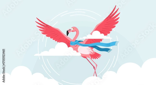 Fototapeta Flamingo Soaring Through The Sky With Elegance Above Clouds, A Colorful Illustration