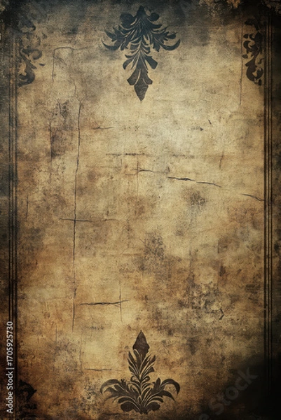 Fototapeta Aged parchment as background, empty center for writing, faded arcane script and markings on edges.