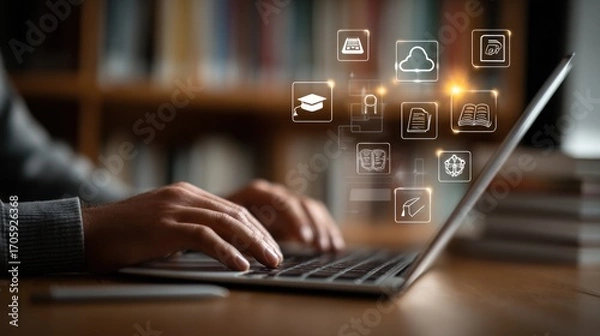 Fototapeta Online education concept with laptop and digital icons in a blurred background