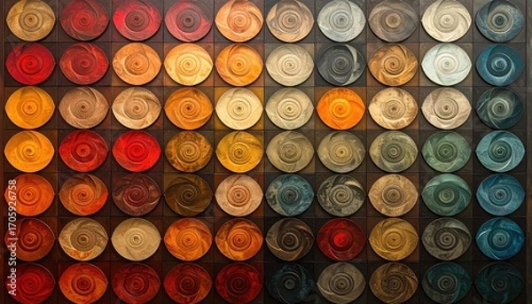 Obraz Diverse Circles in Brown, Orange, Gray and Blue Hues Arranged in Grid Formation with Intricate Swirl Patterns Under Soft Natural Lighting