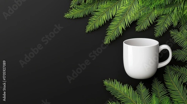 Fototapeta White Coffee Mug with Pixelated Green Pine Branches on Dark Background