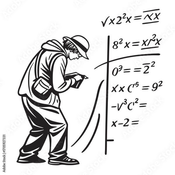 Obraz An Asian man writes equations on a whiteboard while wearing a hat and hoodie