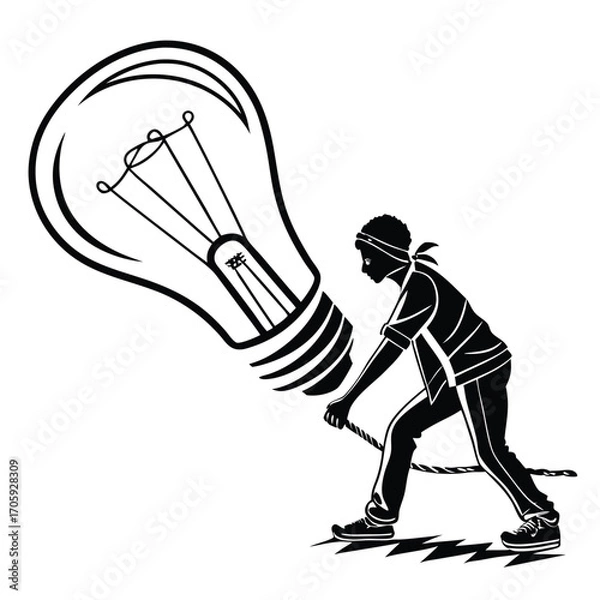 Obraz Strong Black man pulls massive lightbulb using a rope under black and white monochrome