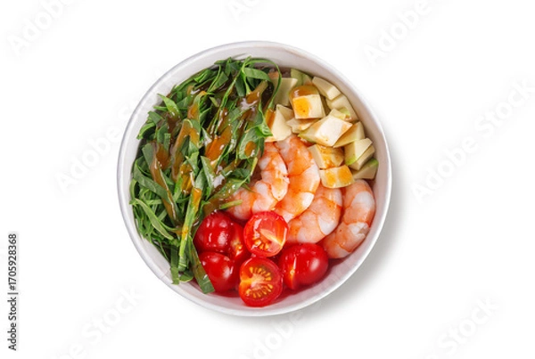 Fototapeta Delicious poke bowl with tender shrimp, fresh avocado cubes, cherry tomatoes, crisp greens and flavorful dressing, served in a paper bowl, top view