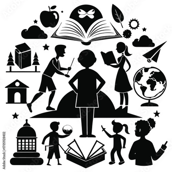 Obraz Black silhouette shows pupils, teachers, books and related learning icons in a circle
