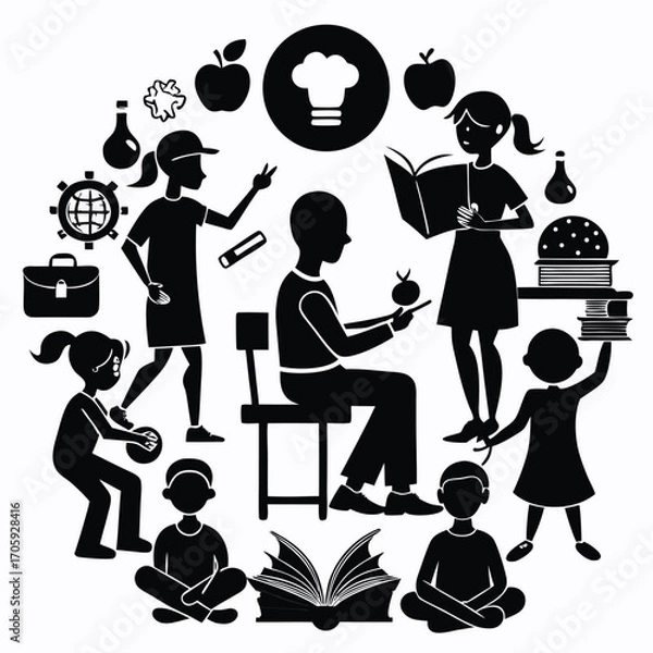 Obraz Black silhouette showing diverse individuals participating in learning, teaching, and culinary activities, creating a dynamic scene