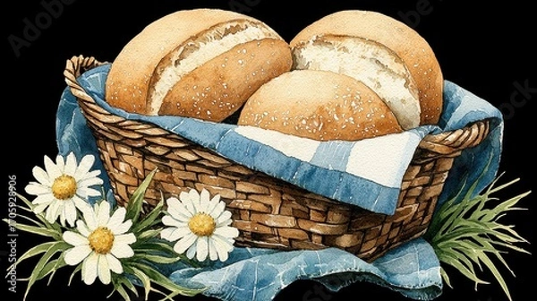 Fototapeta Wicker Basket with Golden Bread Rolls and White Daisy Flowers on Transparent Background
