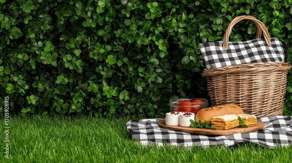 Fototapeta Wicker Basket and Checkered Blanket with Wooden Board Full of Food on Green Grass