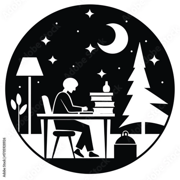 Obraz Silhouette illustration shows a person studying by a desk under the moonlit night sky