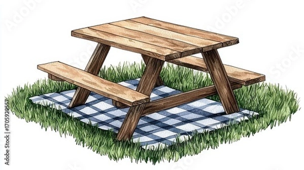 Fototapeta Wooden Picnic Table on Checkered Blanket Surrounded by Green Grass on White Background