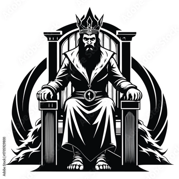 Obraz Illustrated king with beard wears crown and robe sitting on an ornate throne