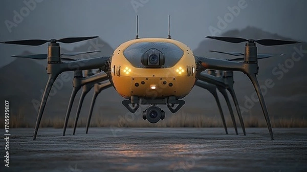 Fototapeta Yellow and Gray Drone Hovering Above Dark Surface
