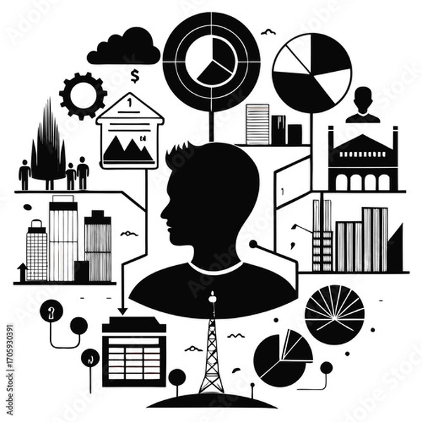 Obraz Silhouette head faces charts and cityscapes showing data connections and communication in a circular arrangement