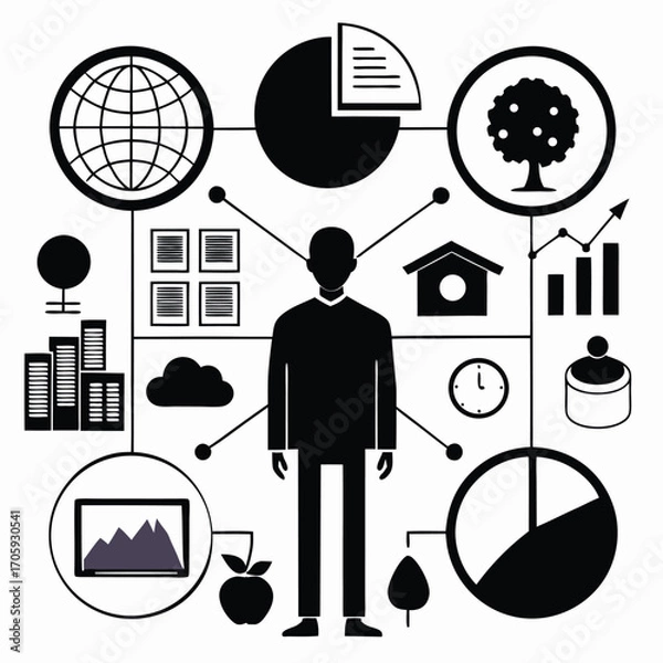 Obraz Person surrounded by icons representing a holistic view of the business world and personal growth