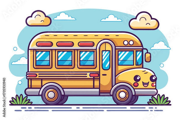 Obraz Smiling cartoon yellow school bus navigates a vibrant street beneath fluffy clouds beautifully drawn
