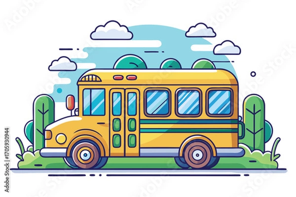 Obraz Bright yellow school bus stands outlined in trees with blue sky overhead on white