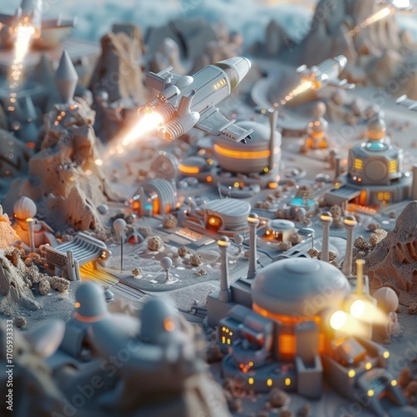 Fototapeta 3D render iconA clay scene depicting a bustling marketplace in a dwarven city with merchants selling various goods 3d high quarity
