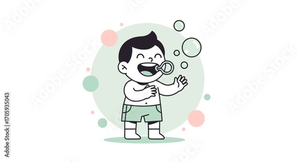 Fototapeta Joyful Child Blowing Bubbles Playing Outside Under a Serene Light Green Circle.